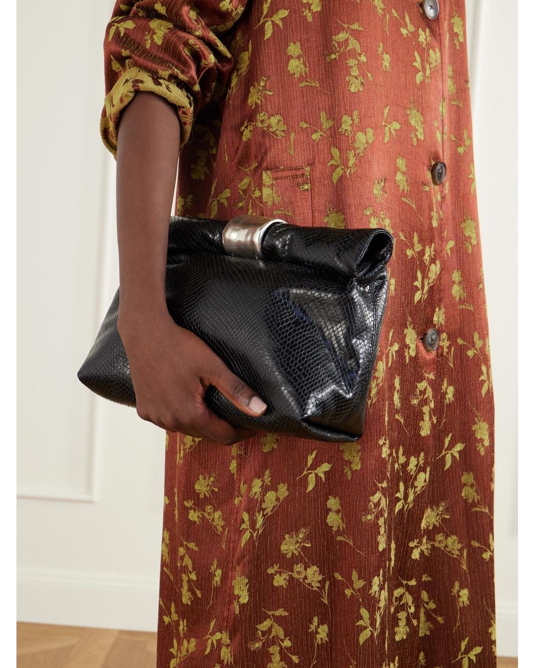 Staud Black Snake-Effect Leather Clutch