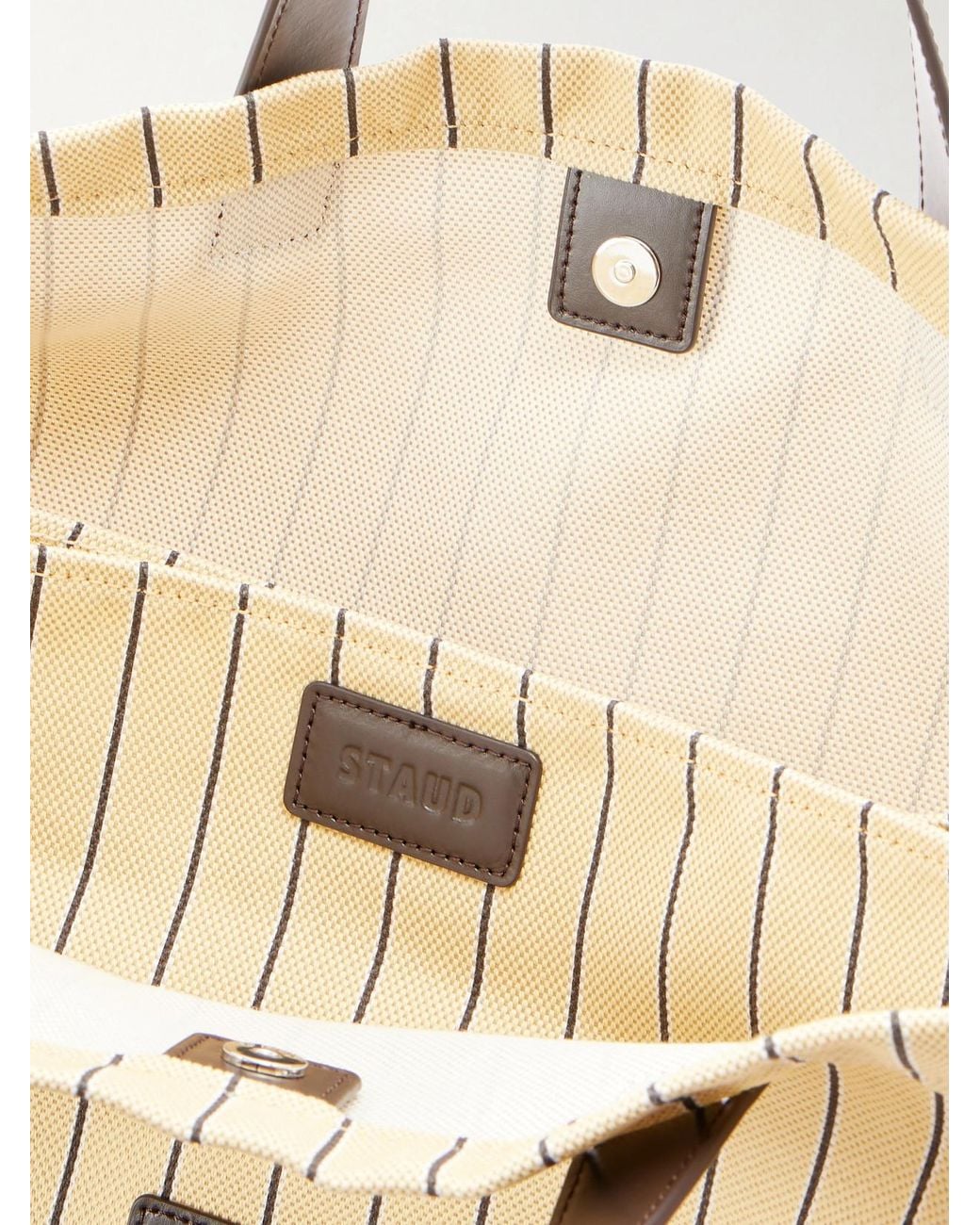 Staud Natural Port Logo-Embossed Leather-Trimmed Striped Canvas Tote
