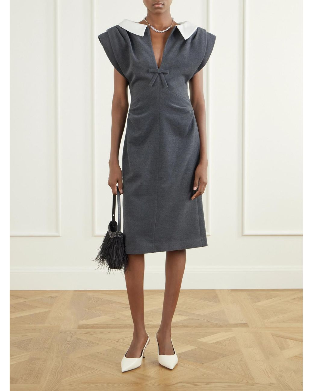 ShuShu/Tong Gray Gathered Wool-Blend Midi Dress