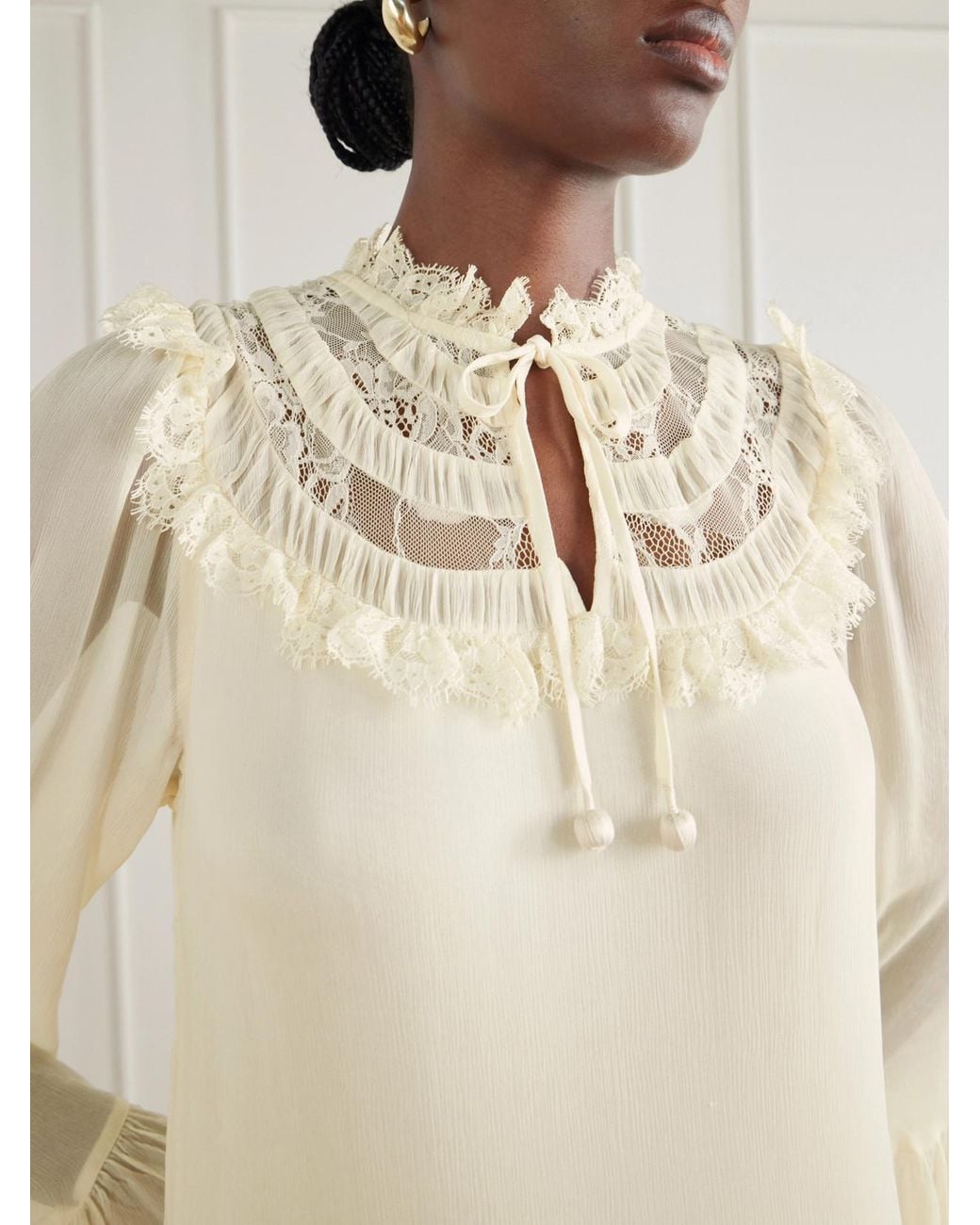 Sea White Margaret Ruffled Tiered Lace-Trimmed Chiffon Maxi Dress