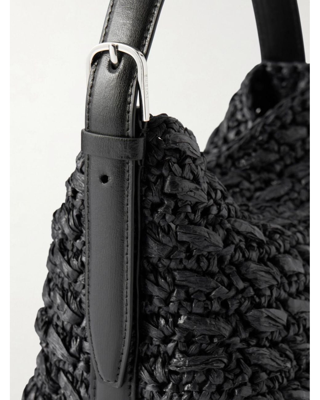 Totême Black Belted Small Leather-Trimmed Raffia Shoulder Bag