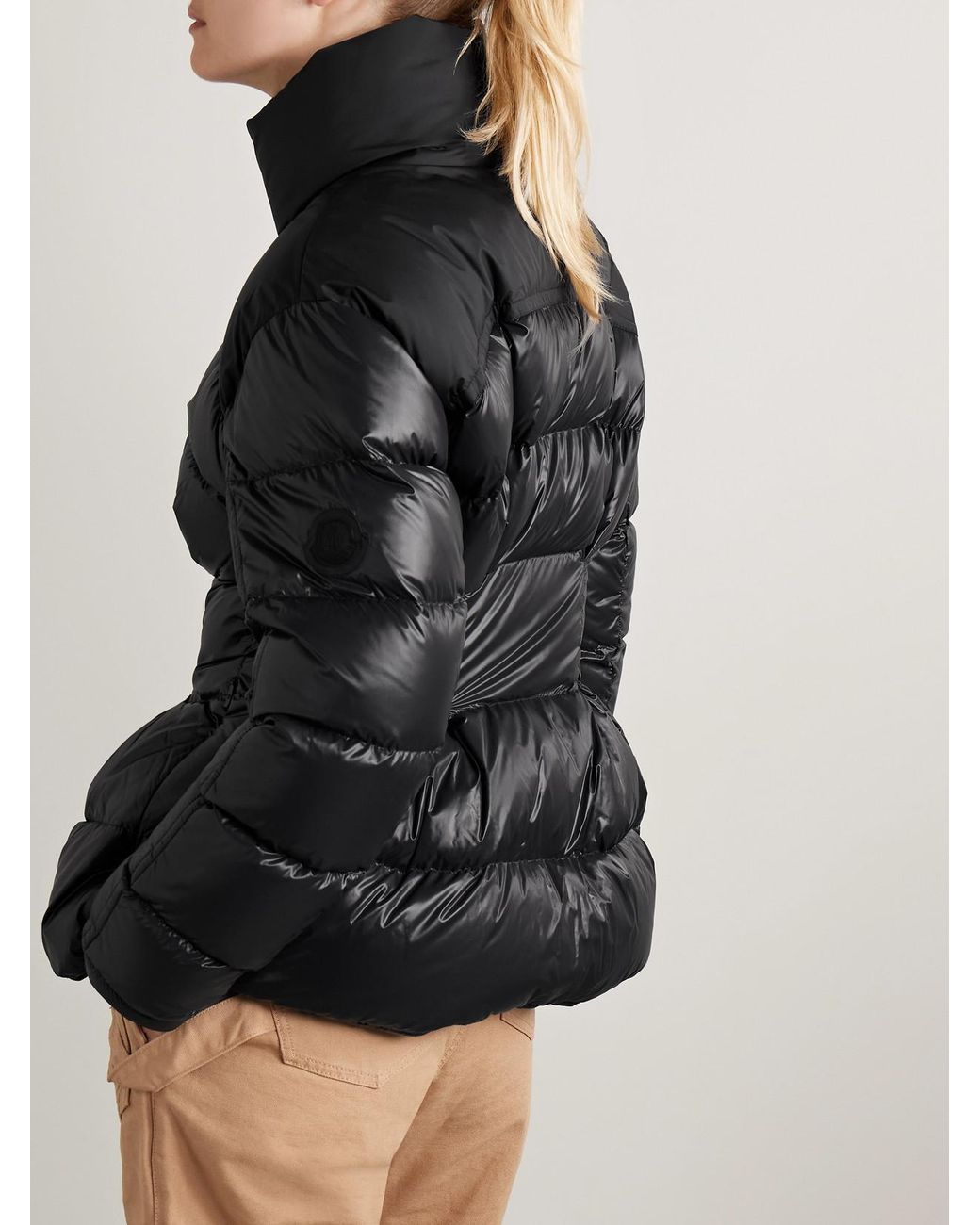 Moncler Black Appliquéd Quilted Padded Glossed-Shell Down Jacket