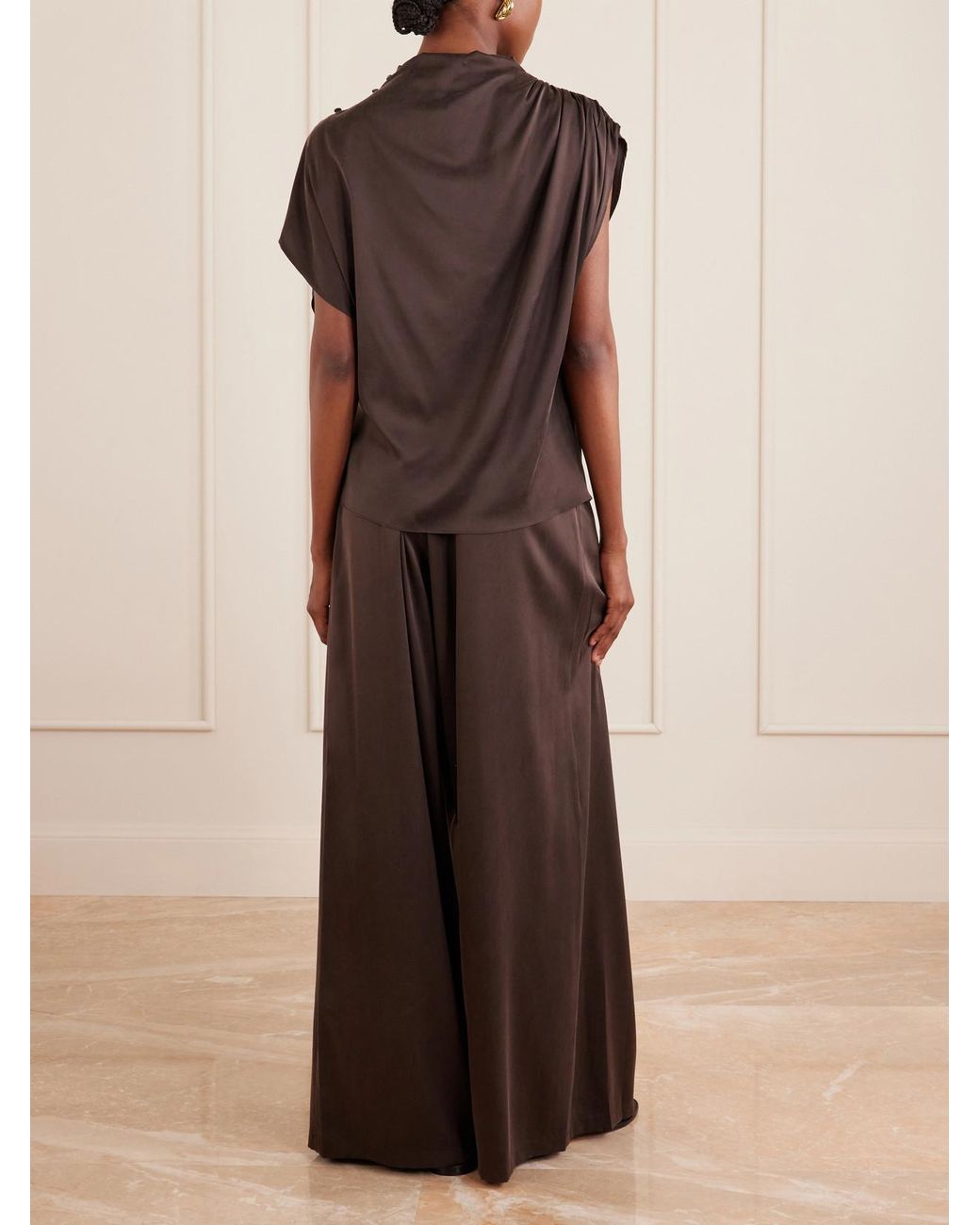Twp Brown Wish You Would Draped Silk-Blend Charmeuse Blouse