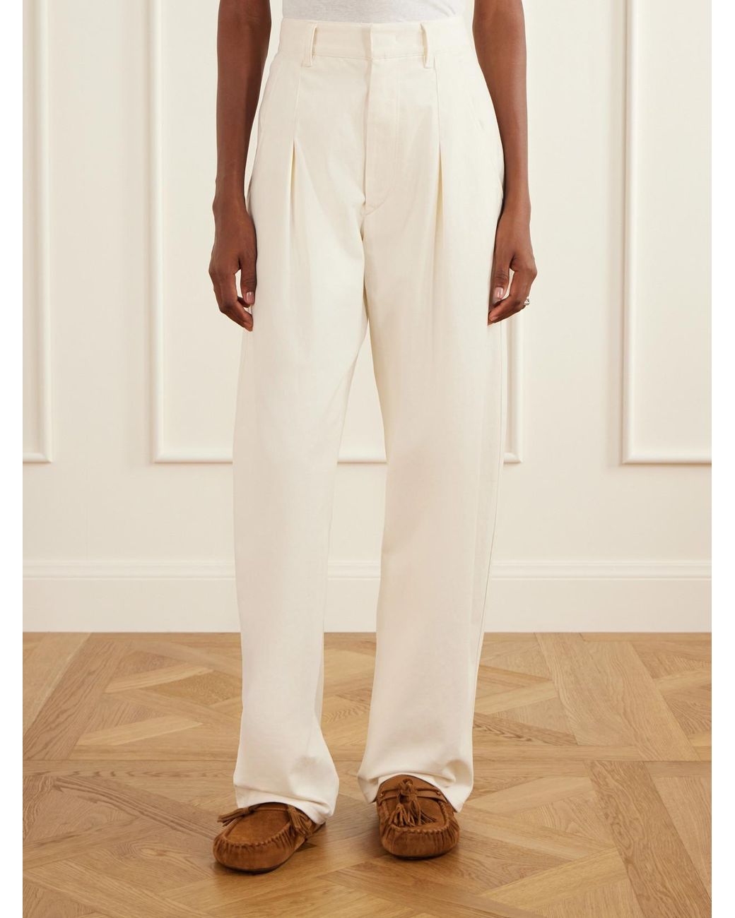 Isabel Marant White Lenadia Pleated Stretch-Cotton Tapered Pants