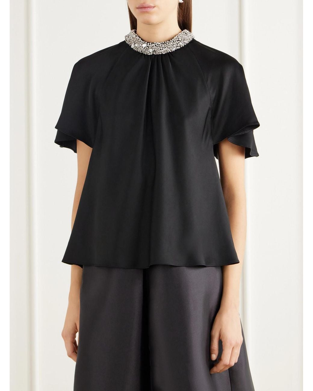 Jonathan Simkhai Black Loreta Crystal-Embellished Satin Blouse