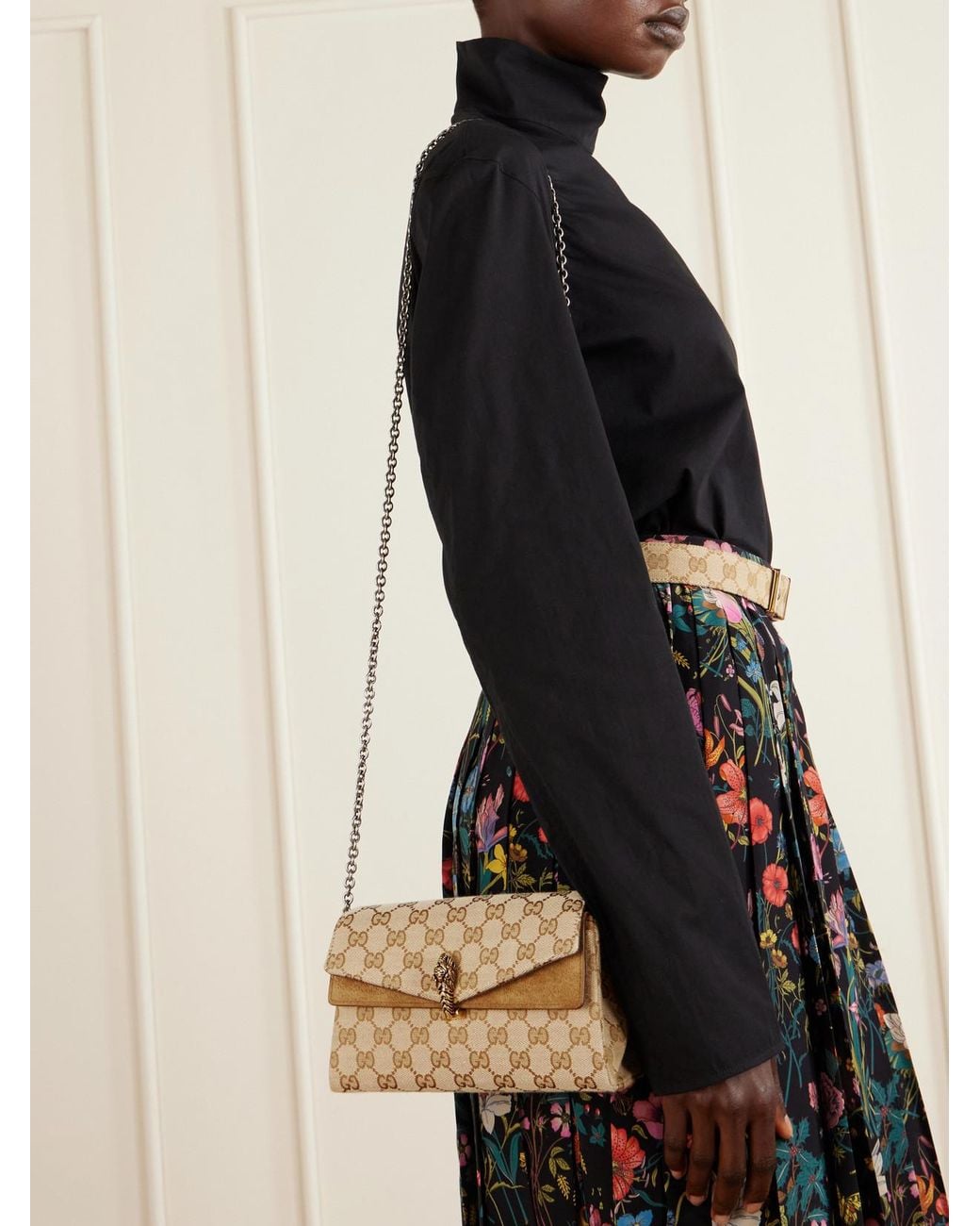 Gucci Natural Dionysus Leather-Trimmed Canvas-Jacquard Shoulder Bag
