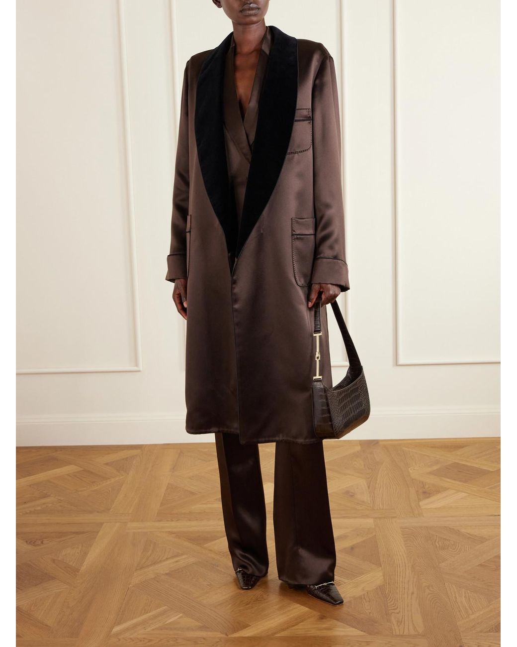 Tom Ford Brown Belted Velvet-Trimmed Silk-Satin Coat