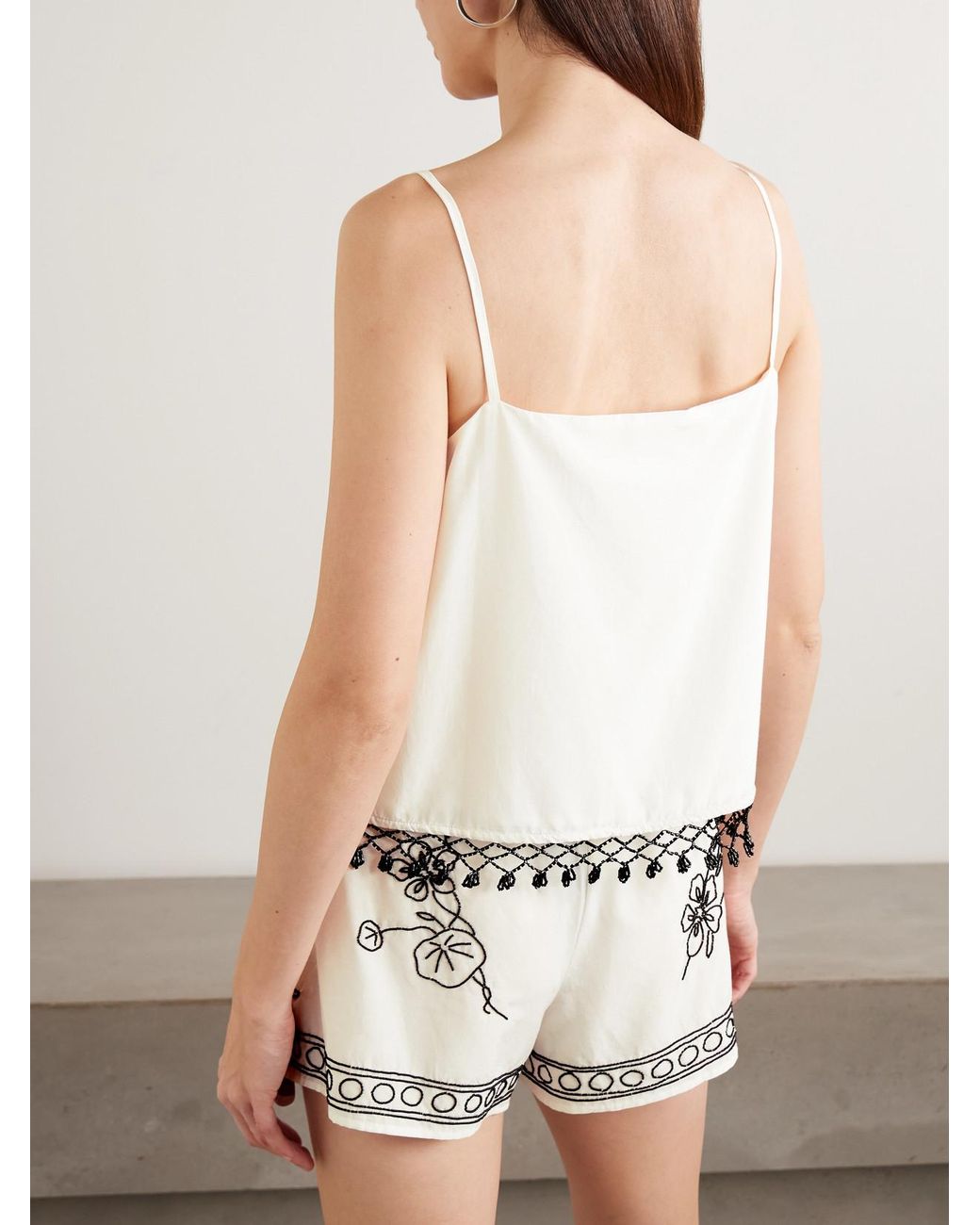Bode White Rosebloom Cropped Bead-Embellished Fringed Cotton And Silk-Blend Top
