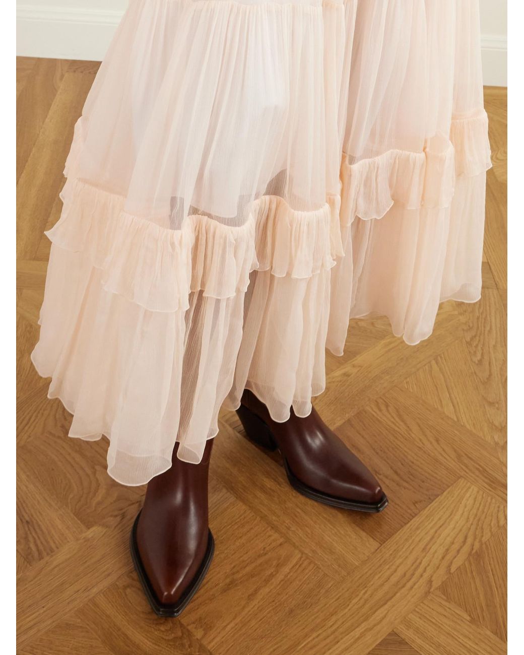 Chloé Natural Tiered Ruffled Silk-Mousseline Midi Skirt