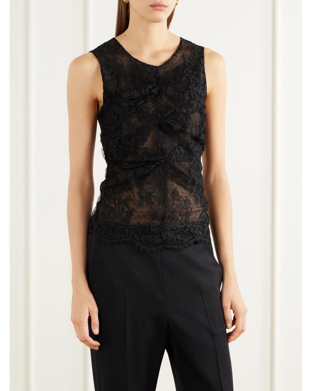 Sharon Wauchob Blue Alana Gathered Lace-Trimmed Cotton-Blend Point D'Esprit-Tulle Cami
