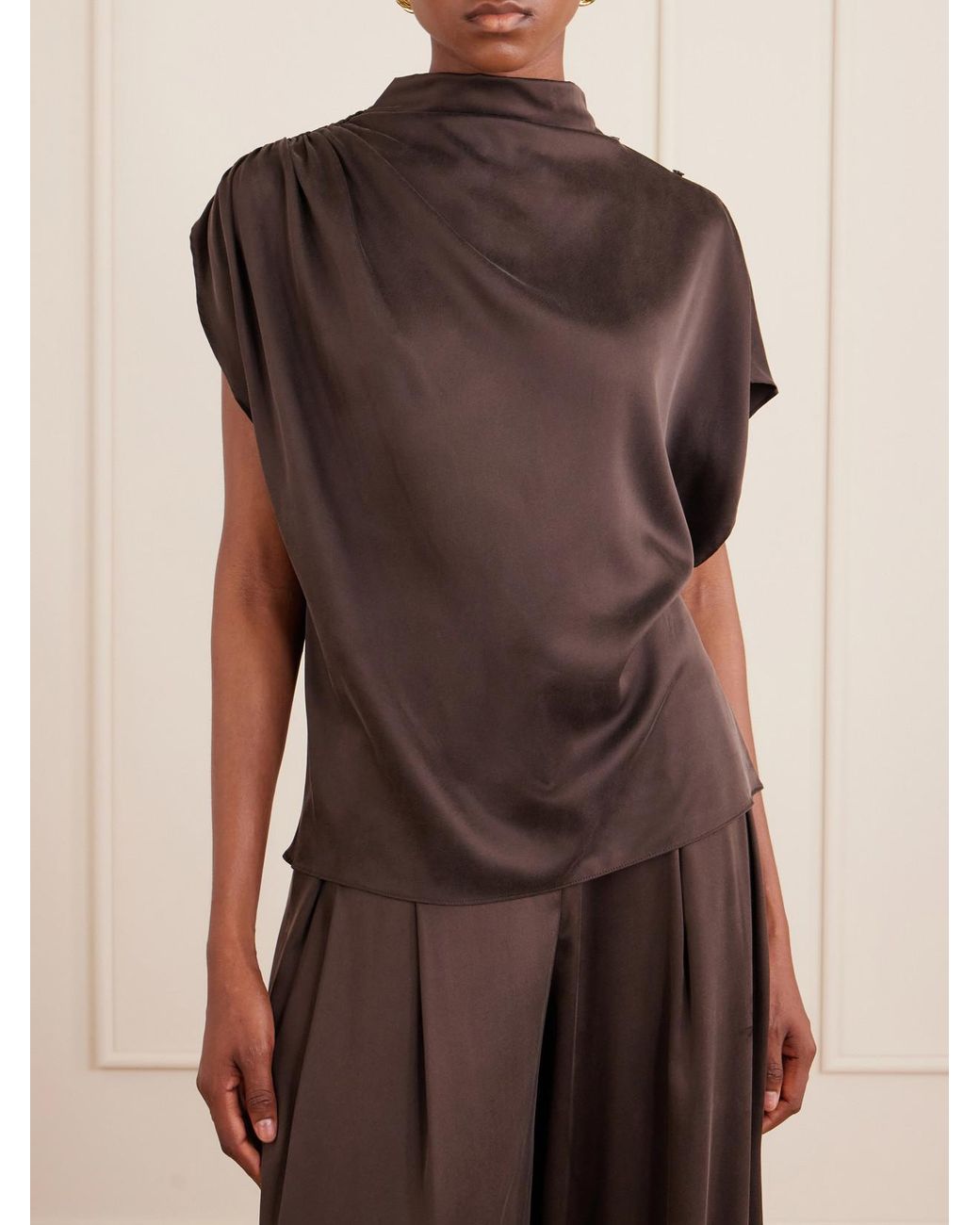 Twp Brown Wish You Would Draped Silk-Blend Charmeuse Blouse