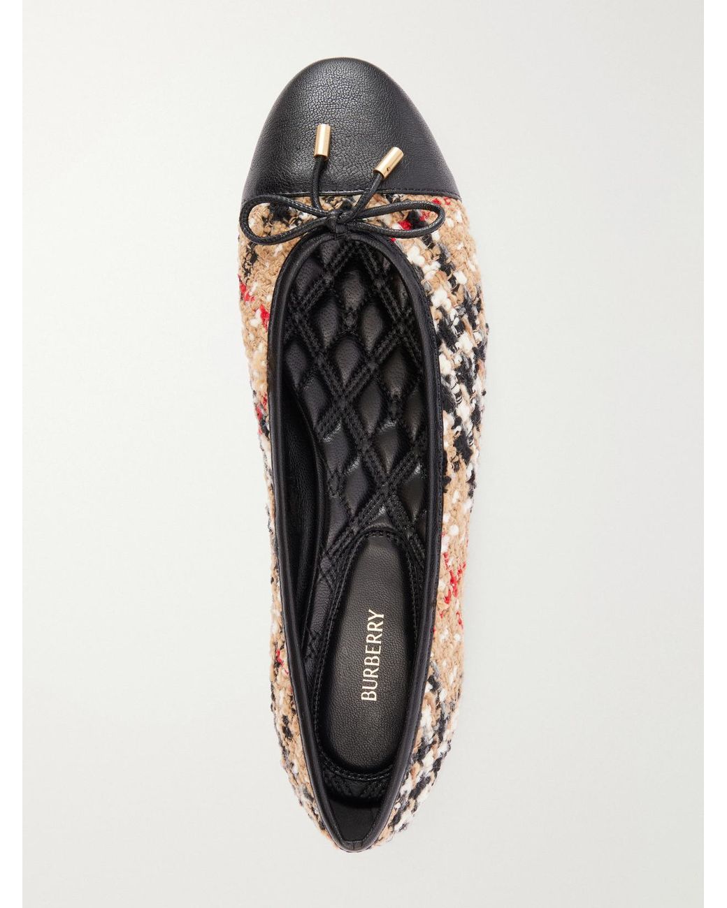 Burberry Natural Checked Leather-Trimmed Bouclé Ballet Flats