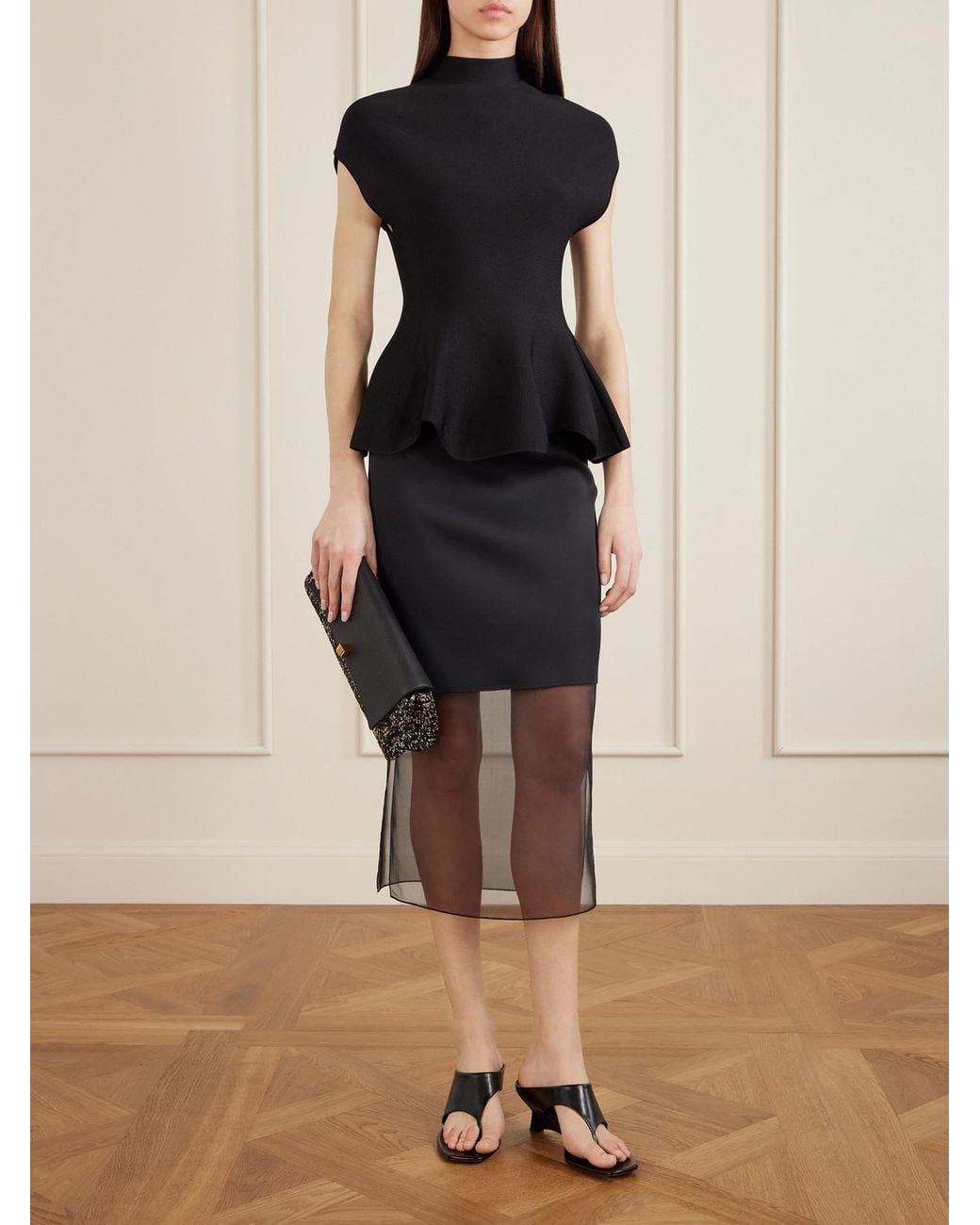 Khaite Black Audrey Textured-Leather And Raffia Clutch