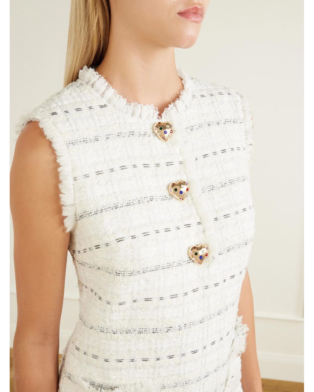 Self-Portrait White Embellished Frayed Bouclé Mini Dress