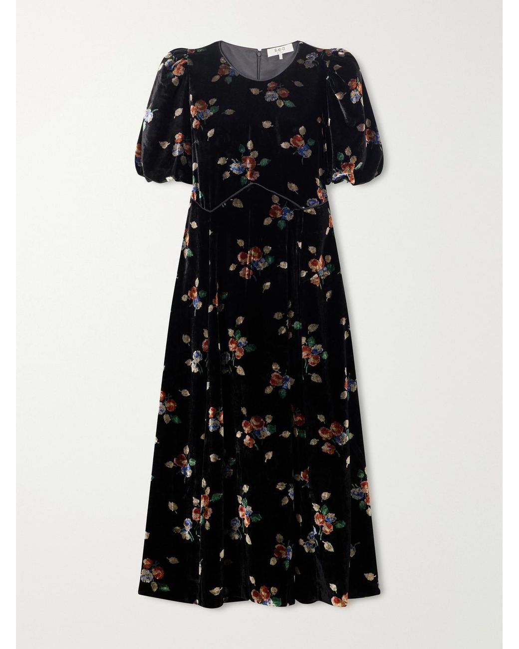 Sea Black Leda Floral-Patterned Velvet Midi Dress