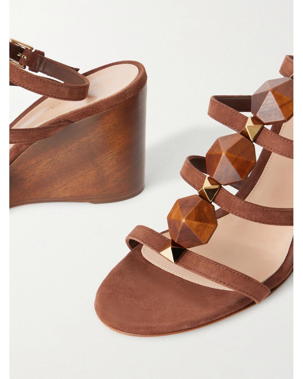 Gianvito Rossi Brown 70 Embellished Wood-Trimmed Suede Wedge Sandals