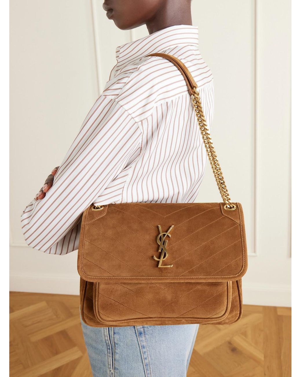 Saint Laurent Brown Niki Cassandre-Embellished Suede Shoulder Bag