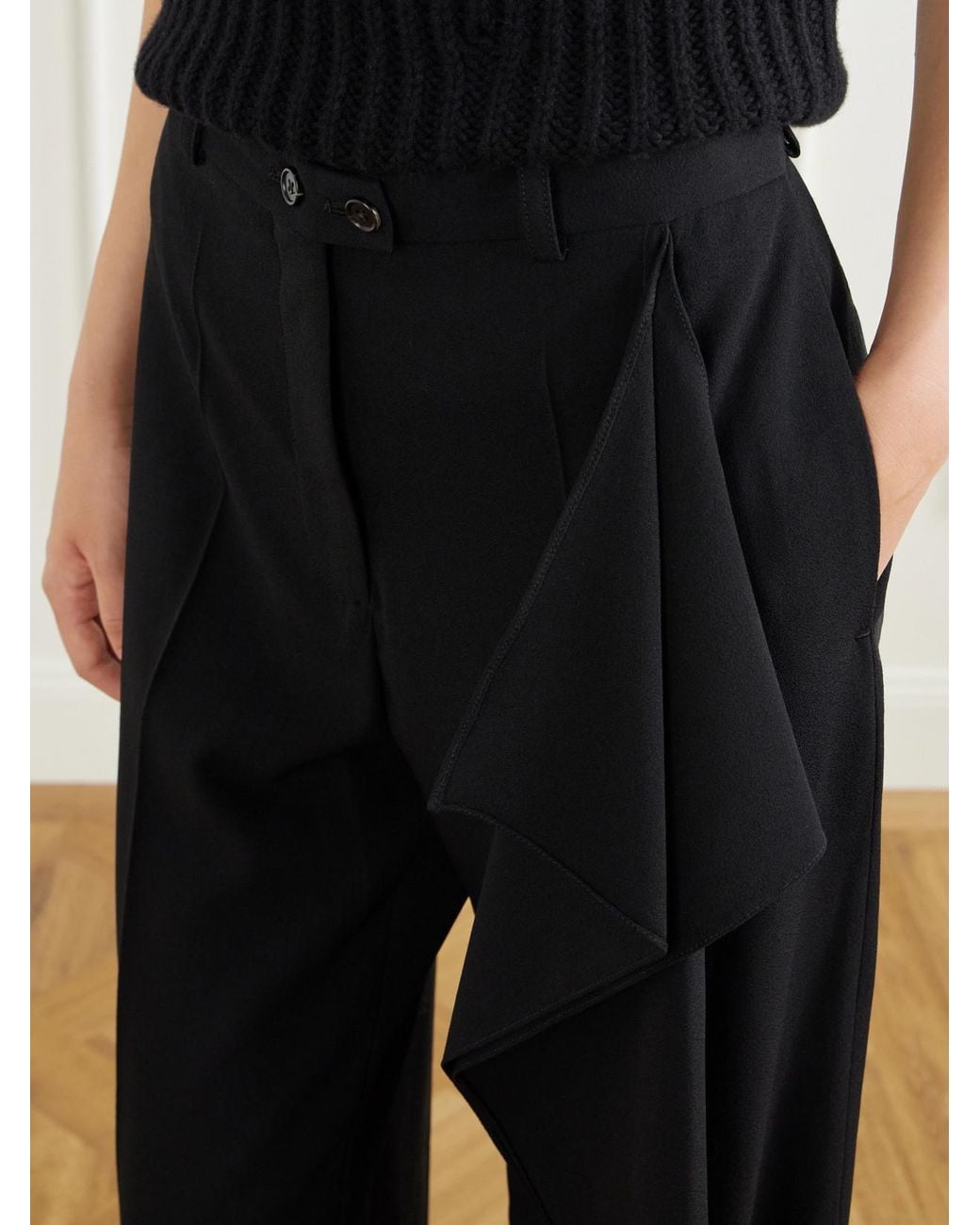 Jil Sander Black Draped Wool-Sablé Wide-Leg Pants