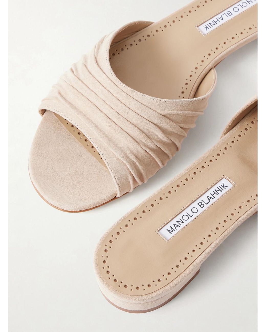 Manolo Blahnik Natural Pirua 10 Pleated Suede Sandals