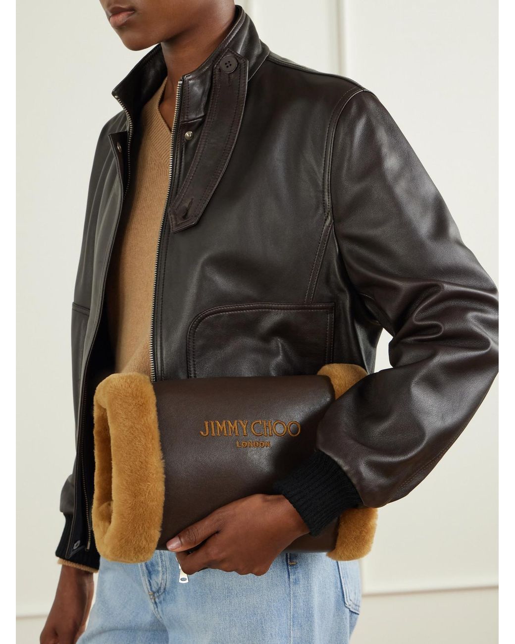 Jimmy Choo Brown Logo-Embroidered Shearling-Trimmed Leather Handwarmer
