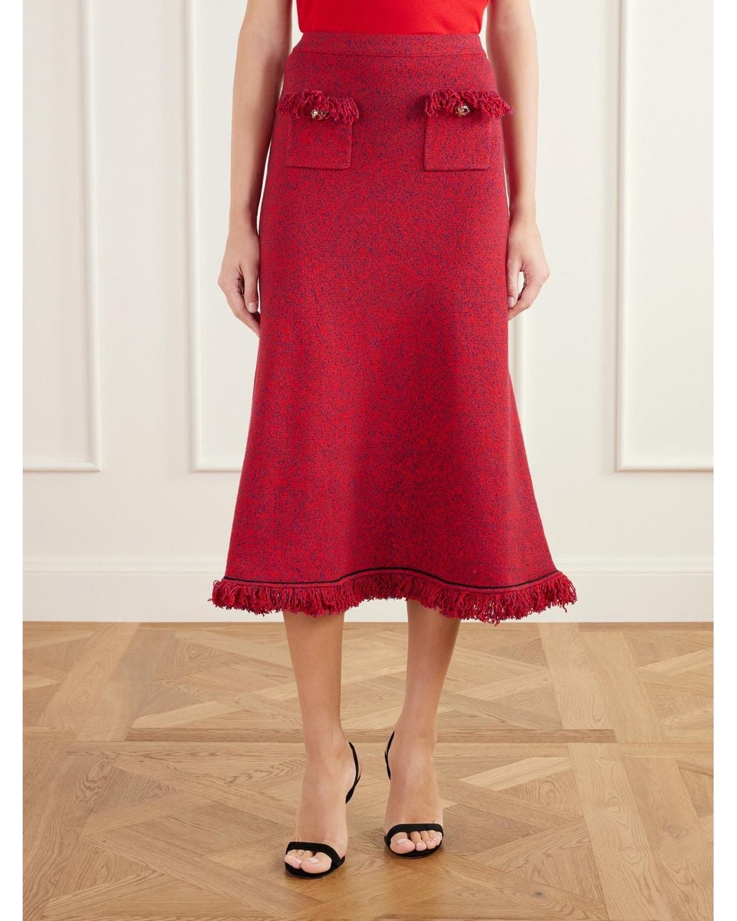 Self-Portrait Red Frayed Bouclé-Knit Midi Skirt