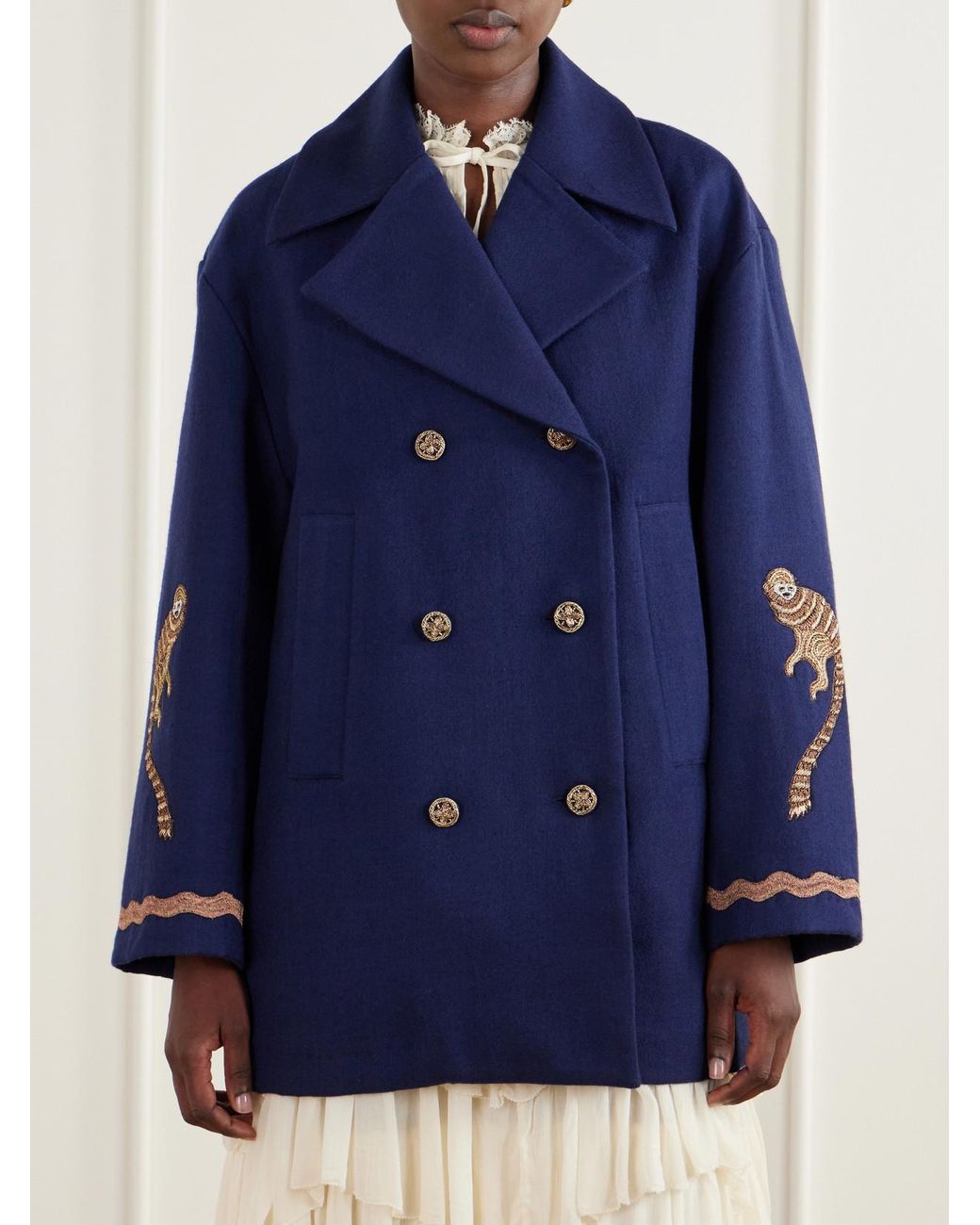 Alix Of Bohemia Blue Rivoli Embroidered Double-Breasted Wool-Twill Coat