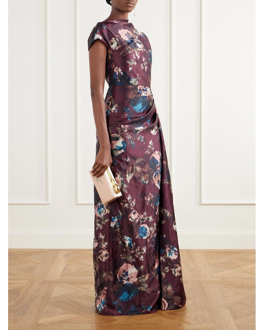 Erdem Purple Floral-Print Draped Crinkled Satin Gown