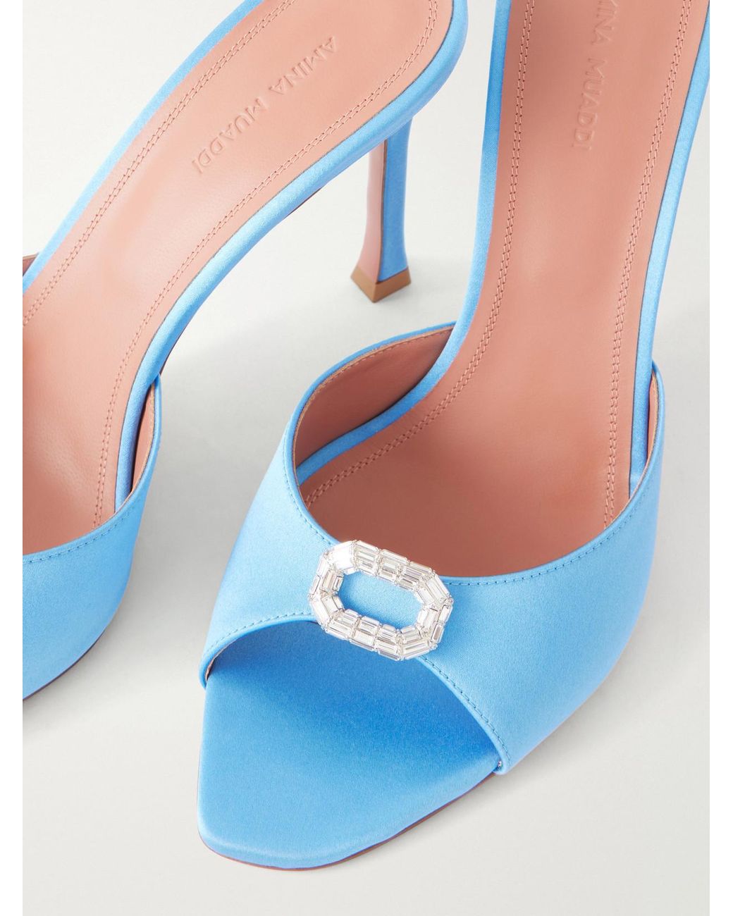AMINA MUADDI Blue Mini Camelia 95 Crystal-Embellished Satin Sandals