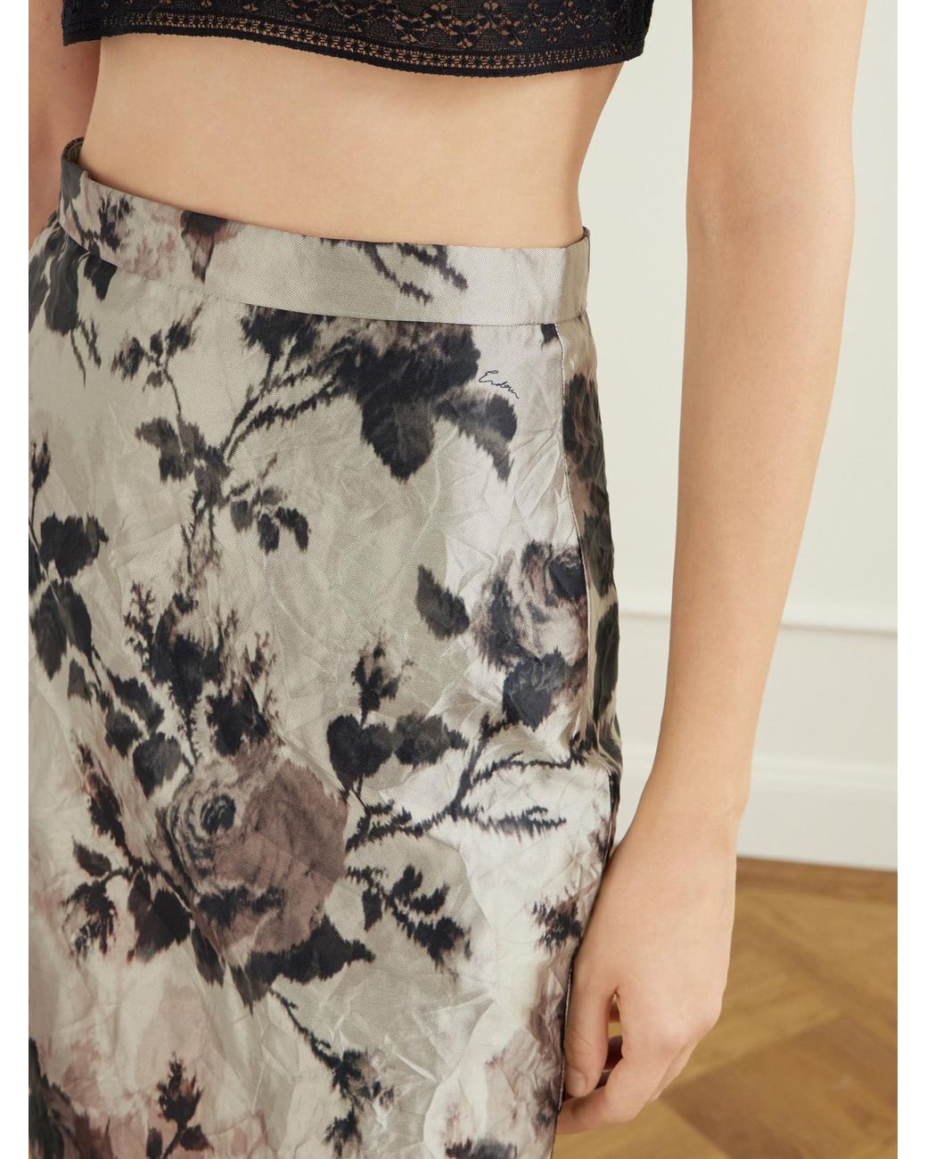 Erdem Gray Floral-Print Crinkle Satin Midi Skirt