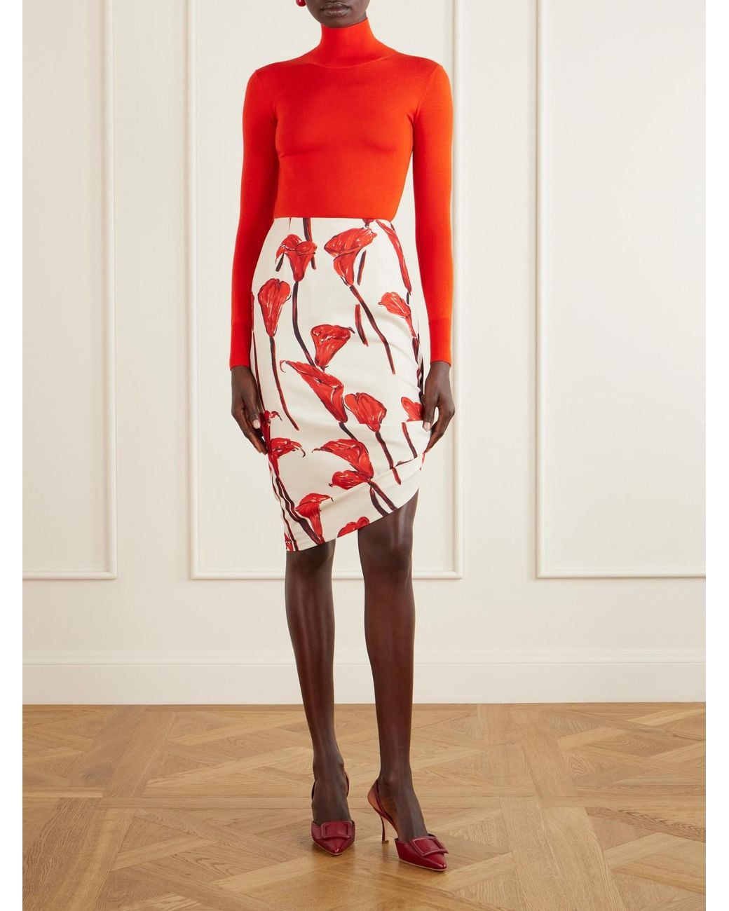 Carolina Herrera Red Asymmetrical Floral-Print Cady Midi Skirt