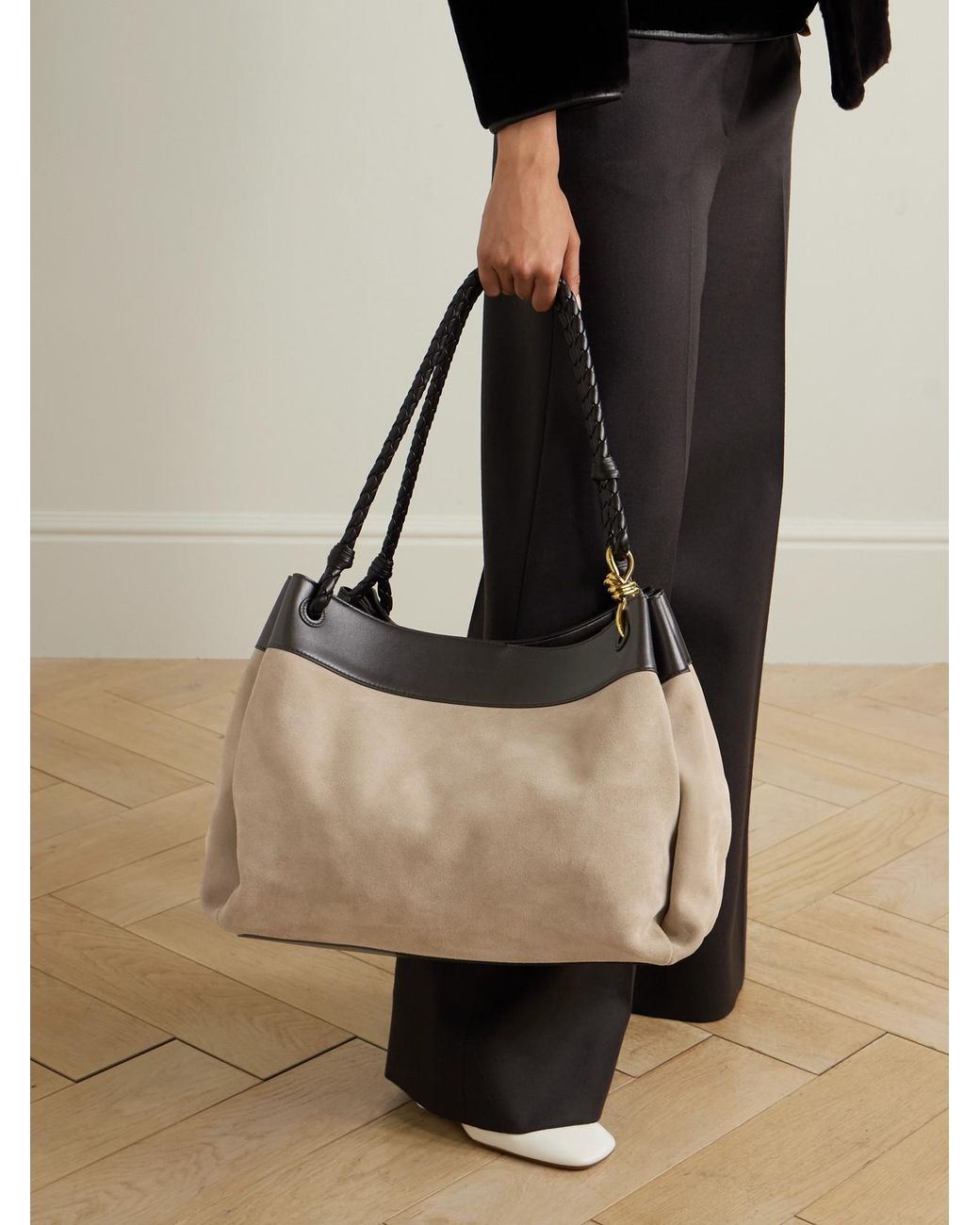 Bottega Veneta Natural Parachute Maxi Embellished Leather-Trimmed Suede Tote Bag