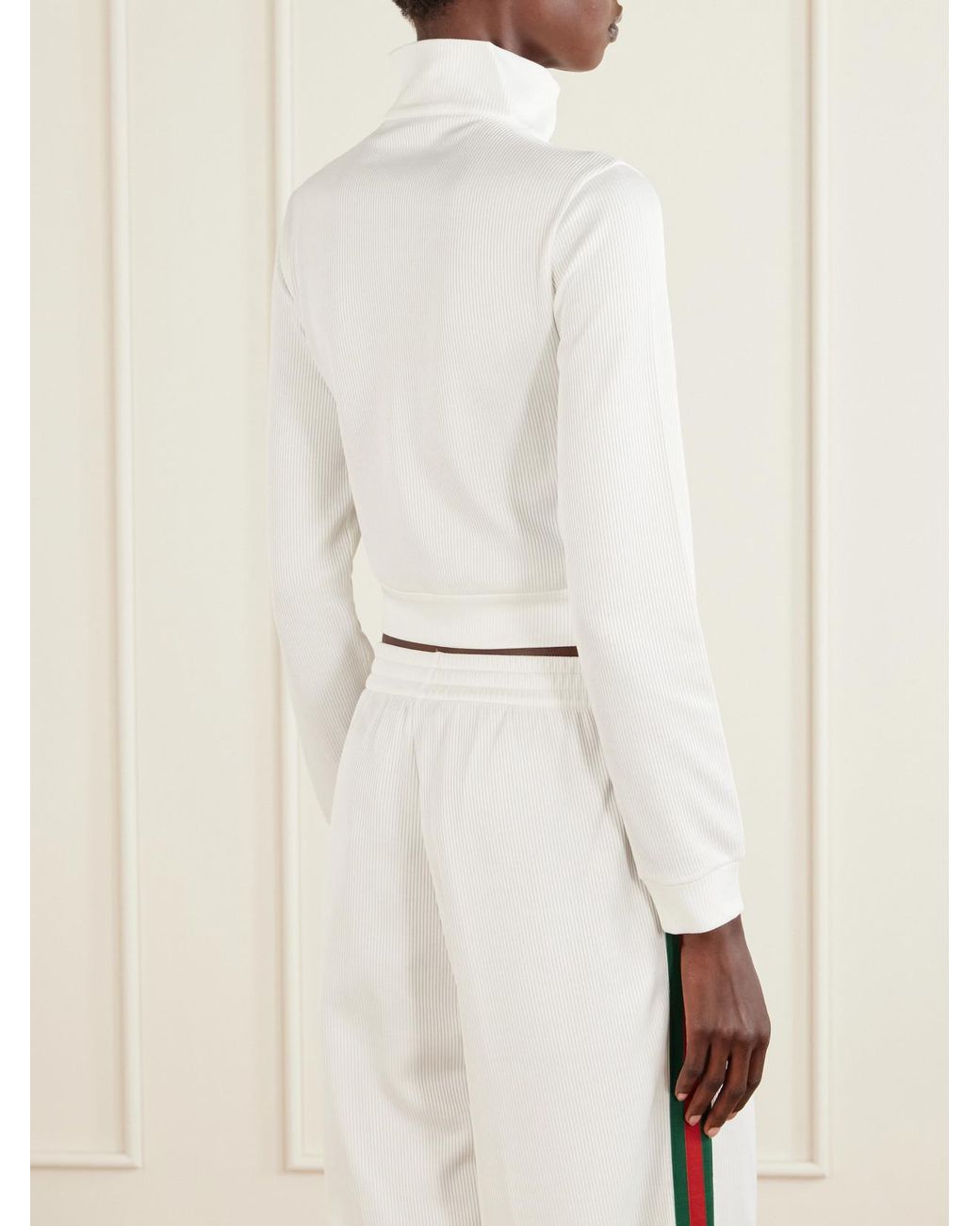 Gucci White Webbing-Trimmed Ribbed Zip-Up Jacket