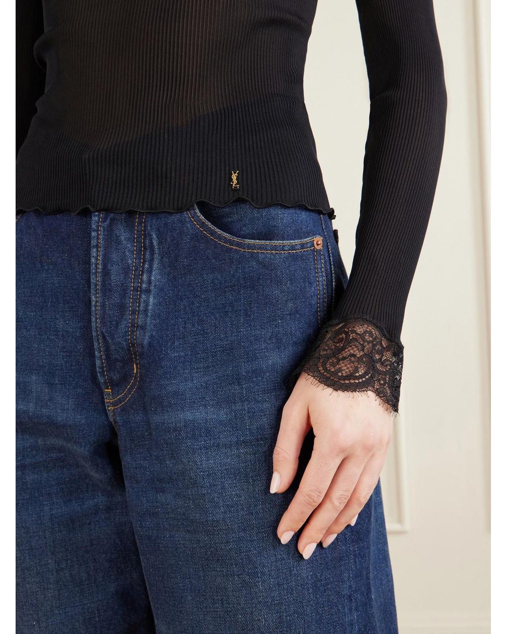 Saint Laurent Black Lace-Trimmed Ribbed-Knit Silk T-Shirt