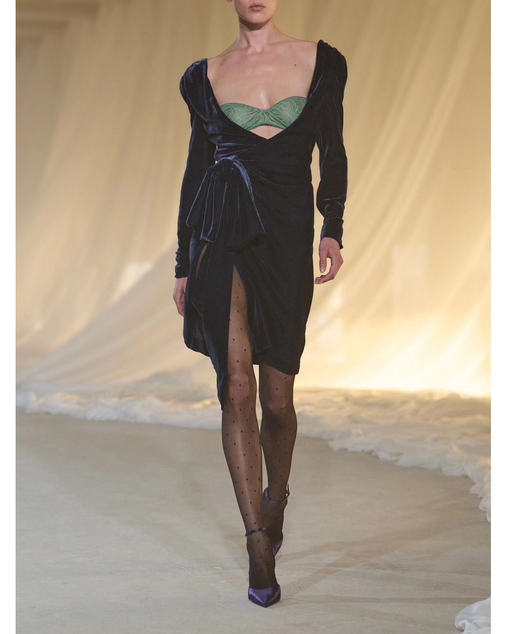 Balmain Blue Bow-Detailed Velvet Midi Dress