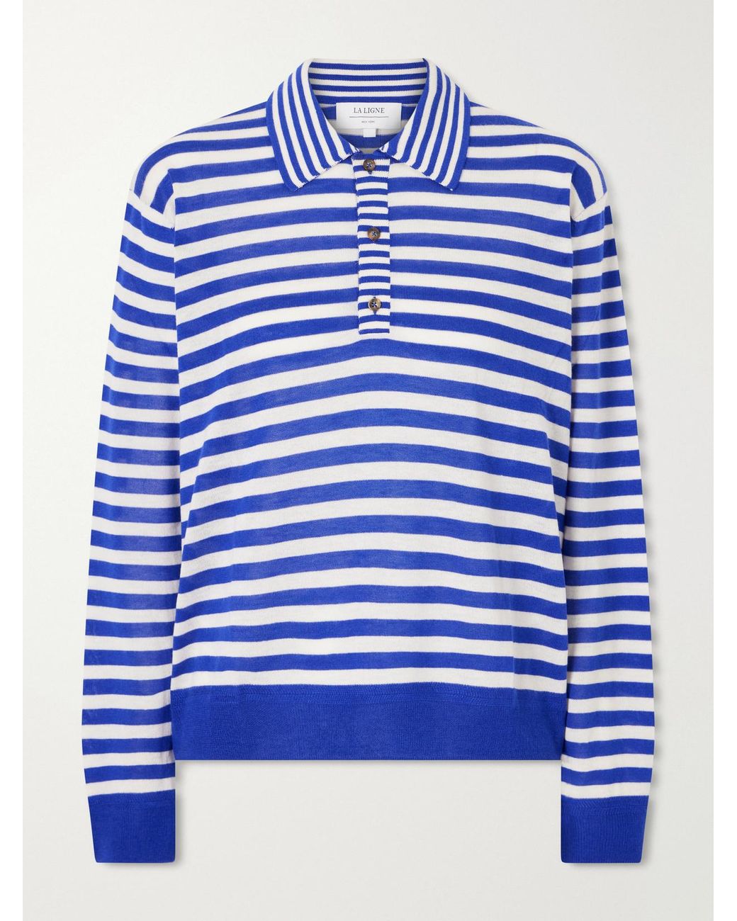 La Ligne Blue Ben Striped Silk, Wool And Cashmere-Blend Polo Sweater