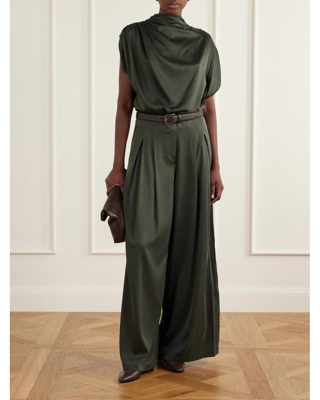 Twp Green Wish You Would Asymmetric Draped Silk-Blend Charmeuse Blouse