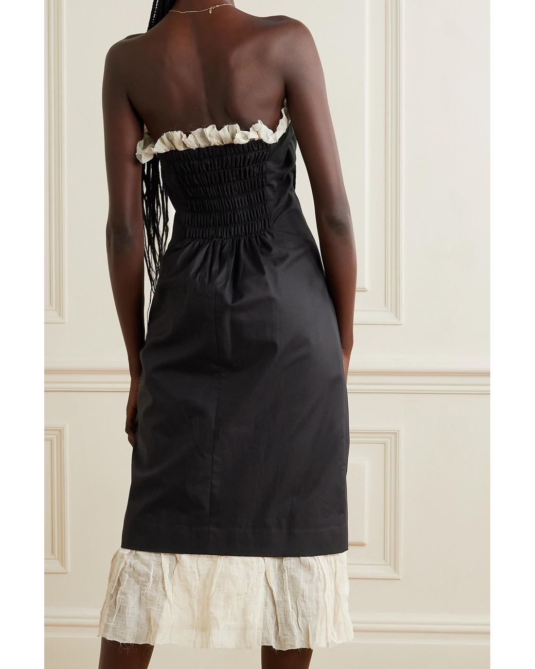 Khaite Irene Strapless Organza-trimmed Cotton-twill Midi Dress in