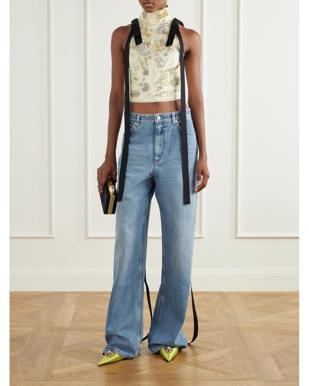 Erdem White Tie-Detail Cropped Embellished Satin Top