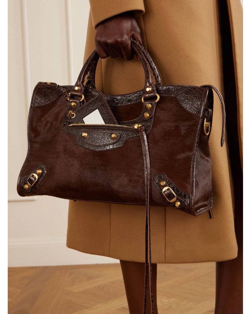 Balenciaga Brown Le City Crinkled Leather-Trimmed Pony Hair Shoulder Bag