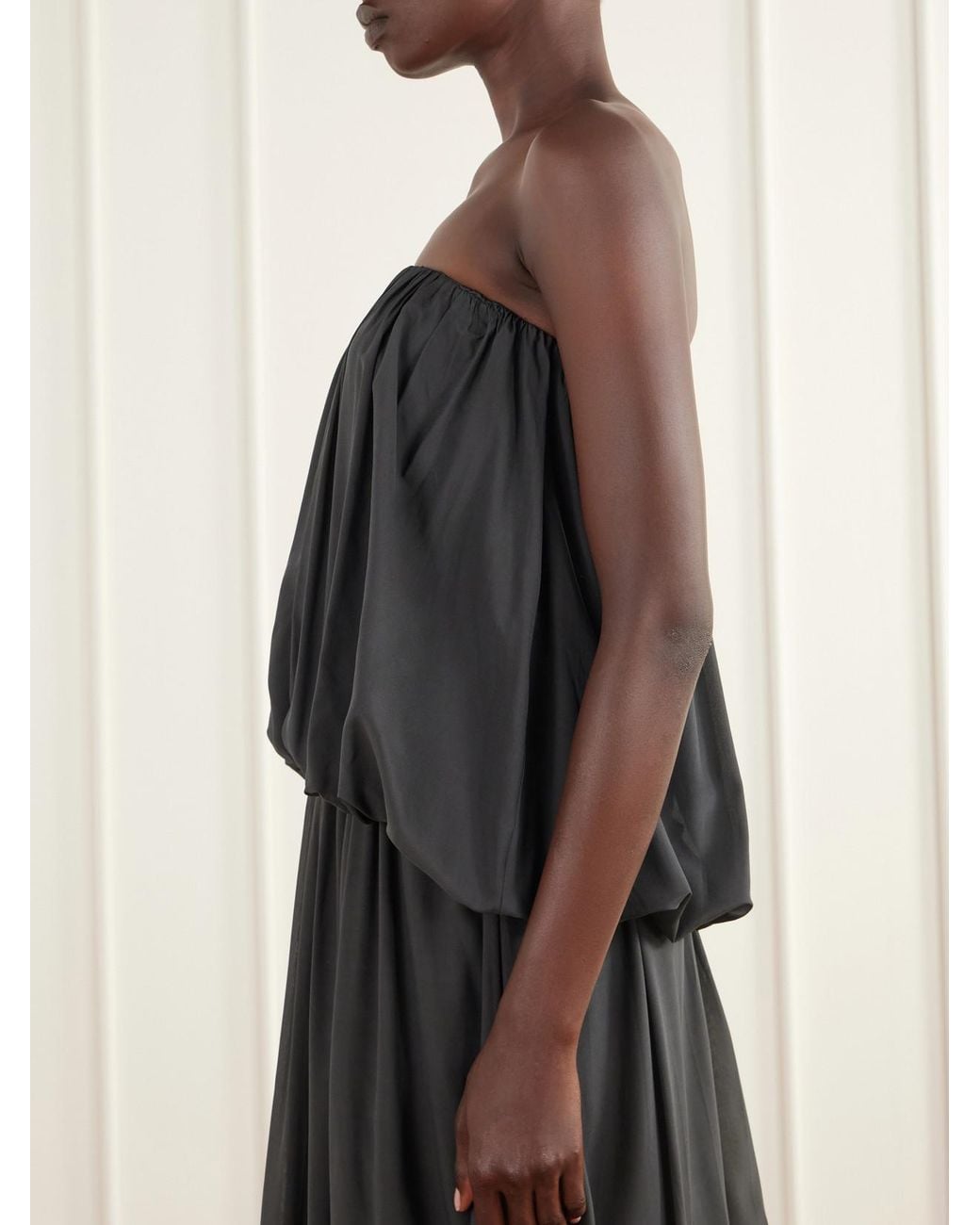 St. Agni Black Balloon Strapless Gathered Chiffon Top