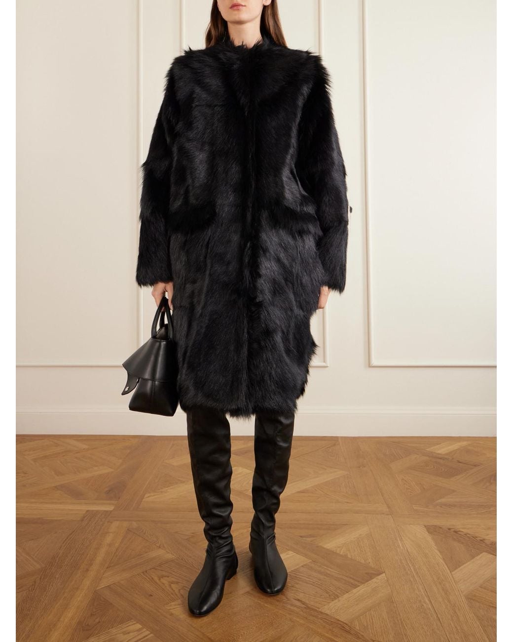 Totême Black Collarless Shearling Coat
