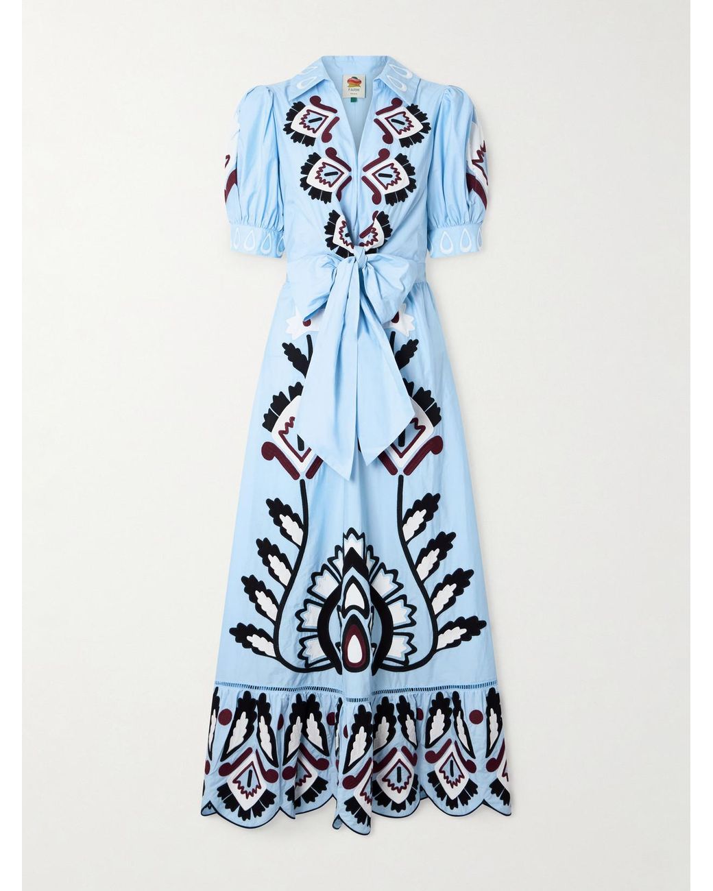 Farm Rio Blue Maxi FARM Rio Tie-Front Scalloped Appliquéd Cotton-Poplin Maxi Dress in Blue ...