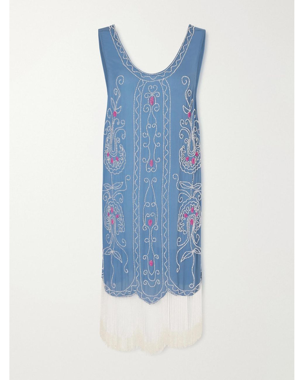 Bode Blue Sea Flower Beaded Silk Dress