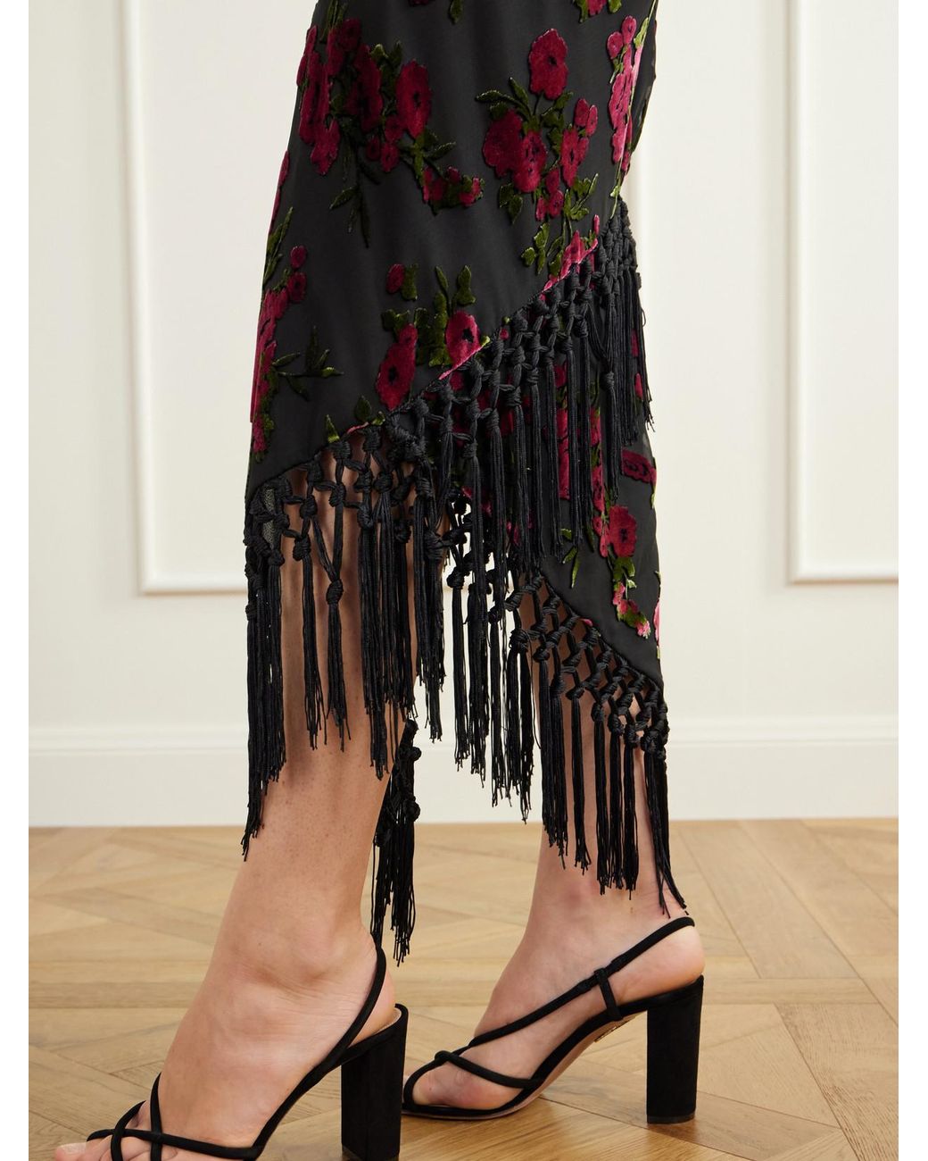 Anna Sui Black Asymmetric Floral-Flock Fringe-Trimmed Crepe Midi Skirt