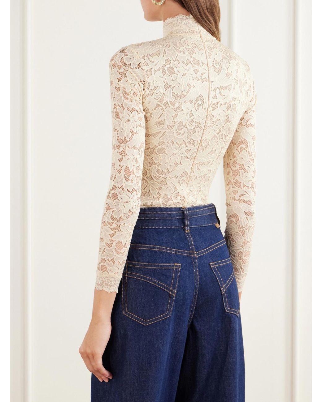 Zimmermann Natural Corded Lace Jersey Turtleneck Bodysuit