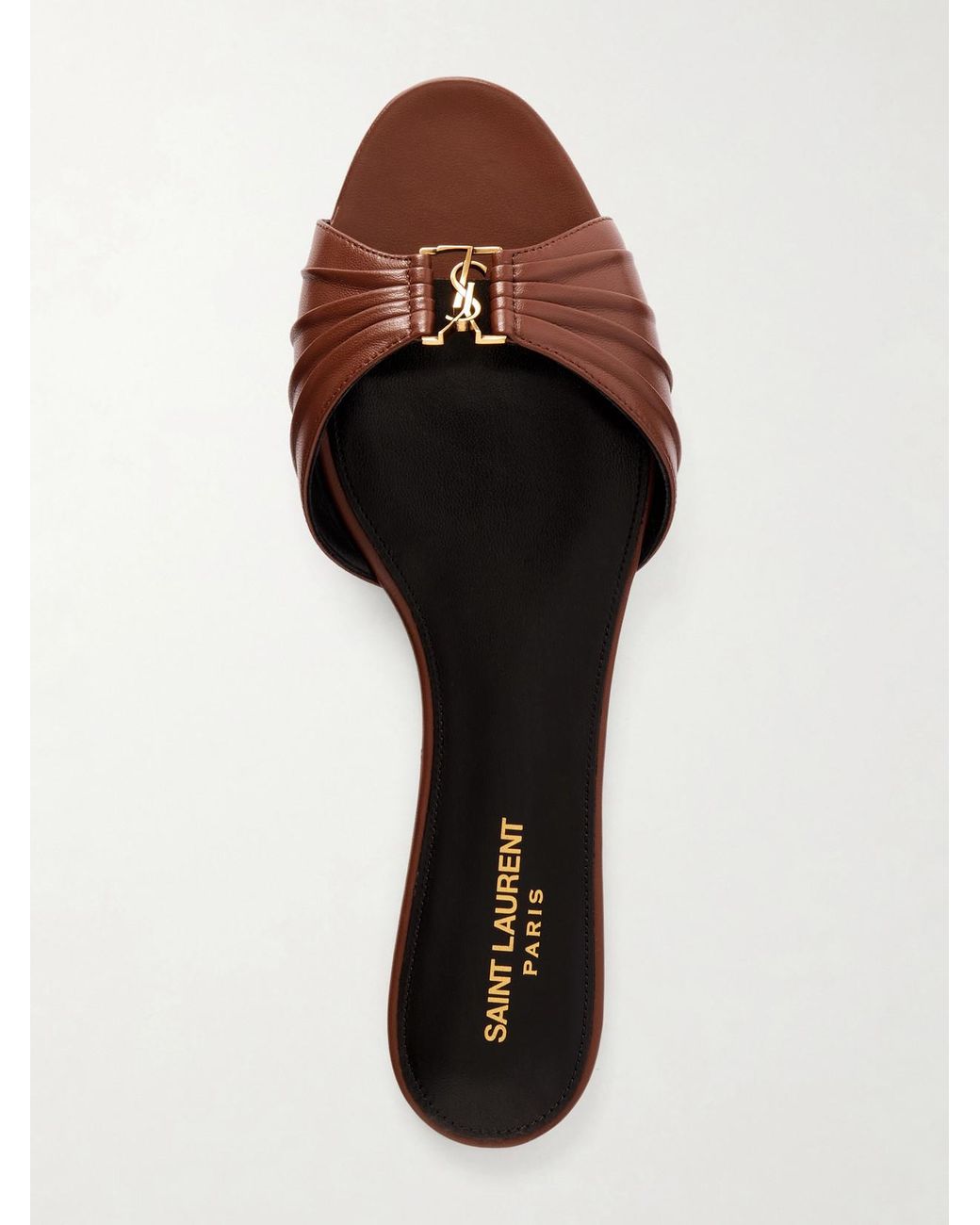 Saint Laurent Brown Babylone Cassandre-Embellished Gathered Glossed-Leather Slides