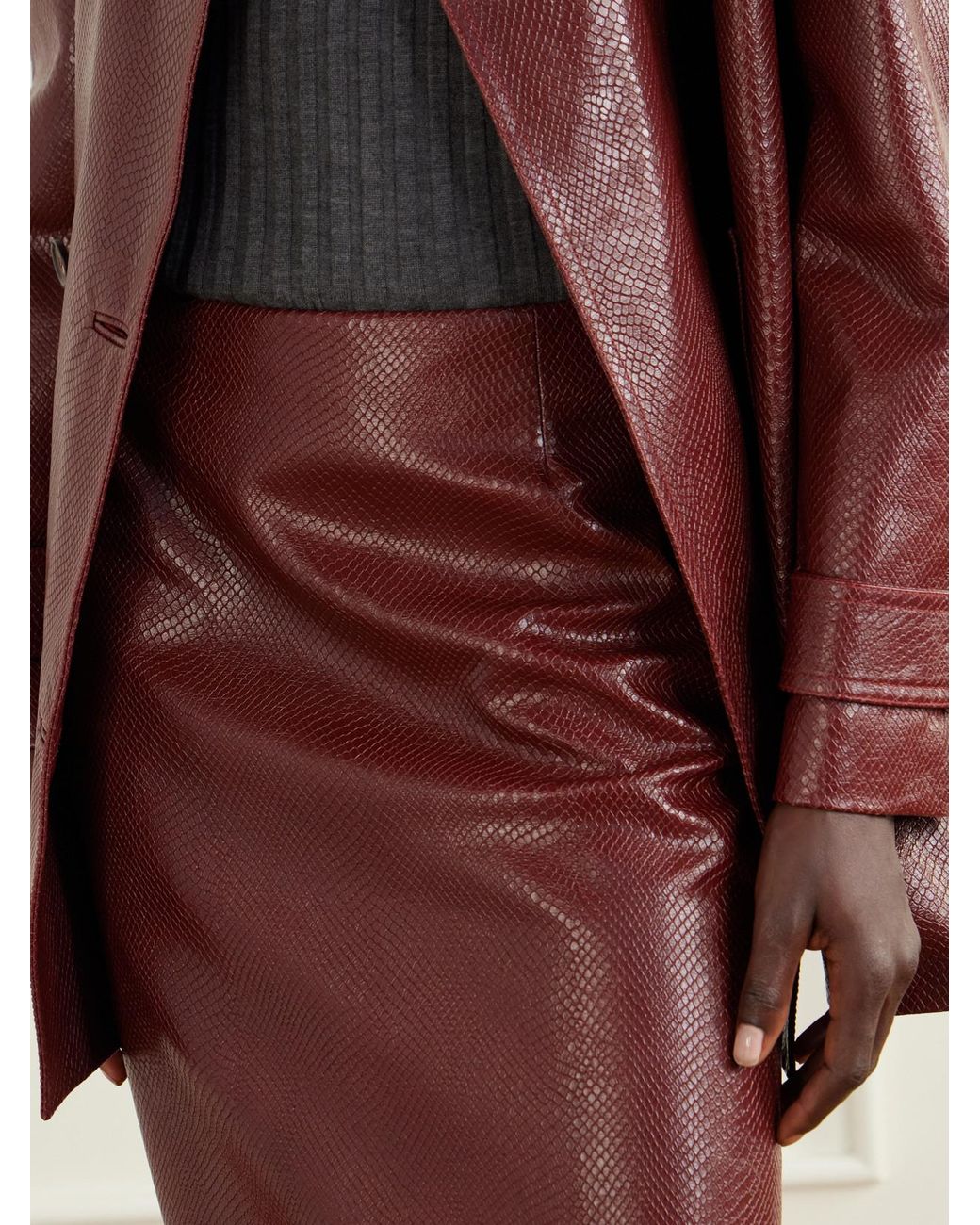 Veronica de Piante Purple Noelia Snake-Effect Leather Midi Skirt