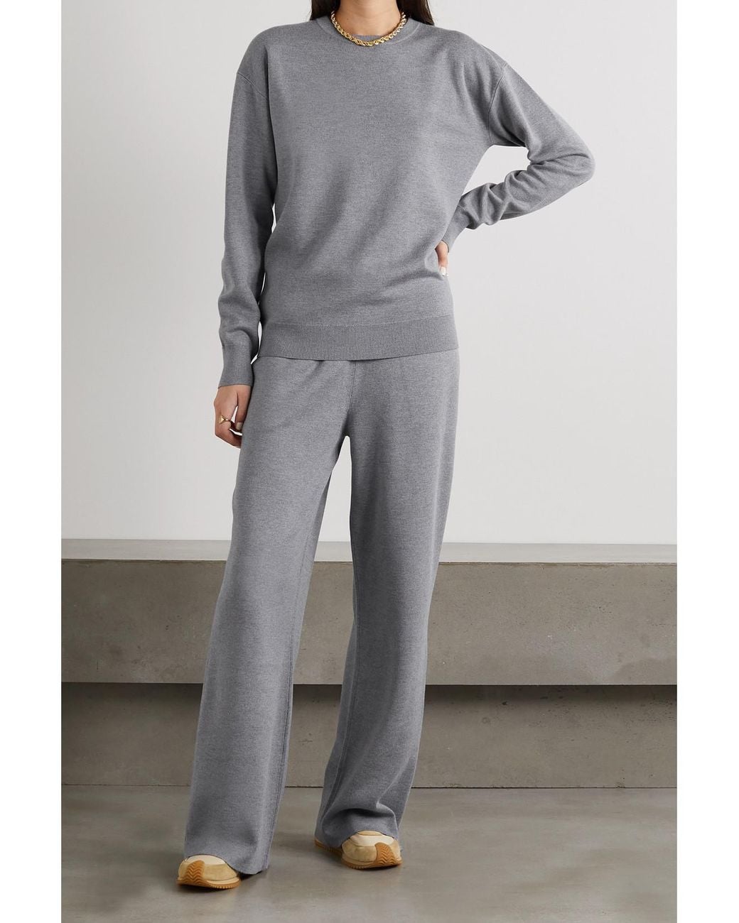 Olivia Von Halle Gray Carmel Silk And Cashmere-Blend Sweatshirt And Track Pants Set