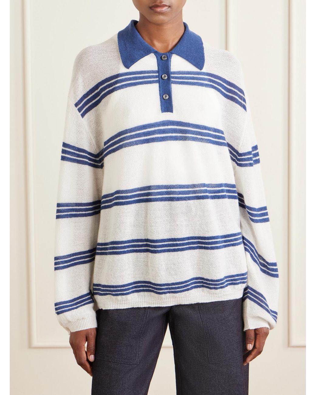 The Elder Statesman Blue Striped Cashmere And Mohair-Blend Polo Shirt