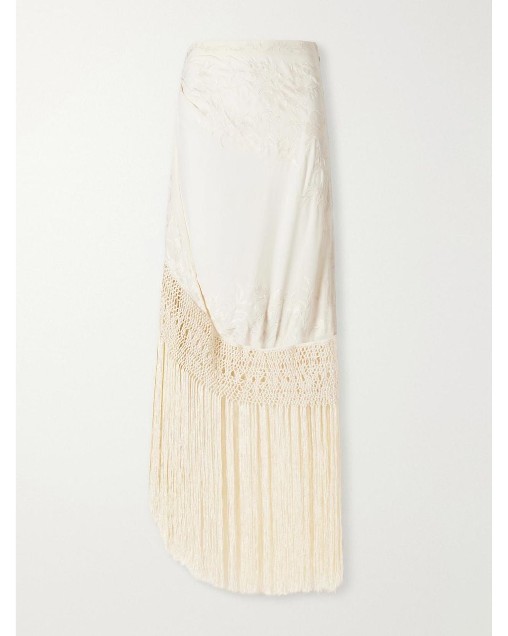 Ulla Johnson White Lark Fringed Embroidered Silk-Crepe De Chin Midi Skirt